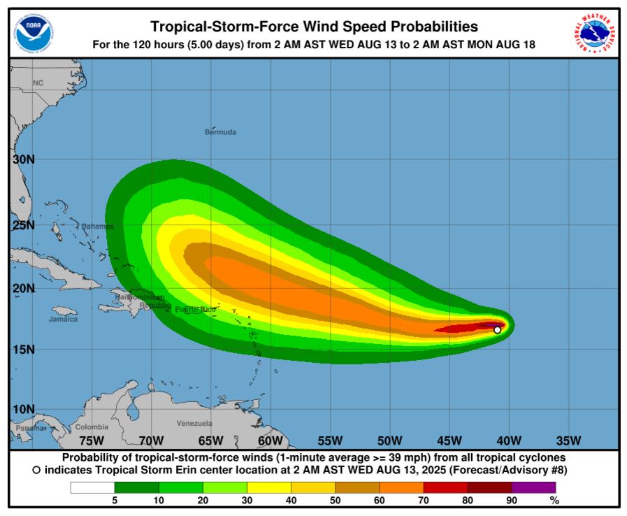 Erin se mueve a 31 km/h con ráfagas de 93 km/h y una presión de 1004 mb, mientras aguas más cálidas y menor cizalladura favorecen su fortalecimiento en las próximas 48 horas