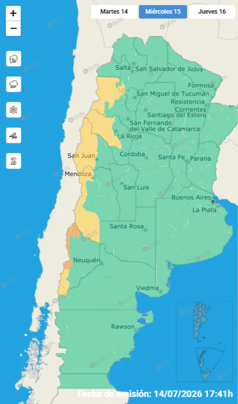 Las alertas emitidas por el SMN para este miércoles 15 de julio