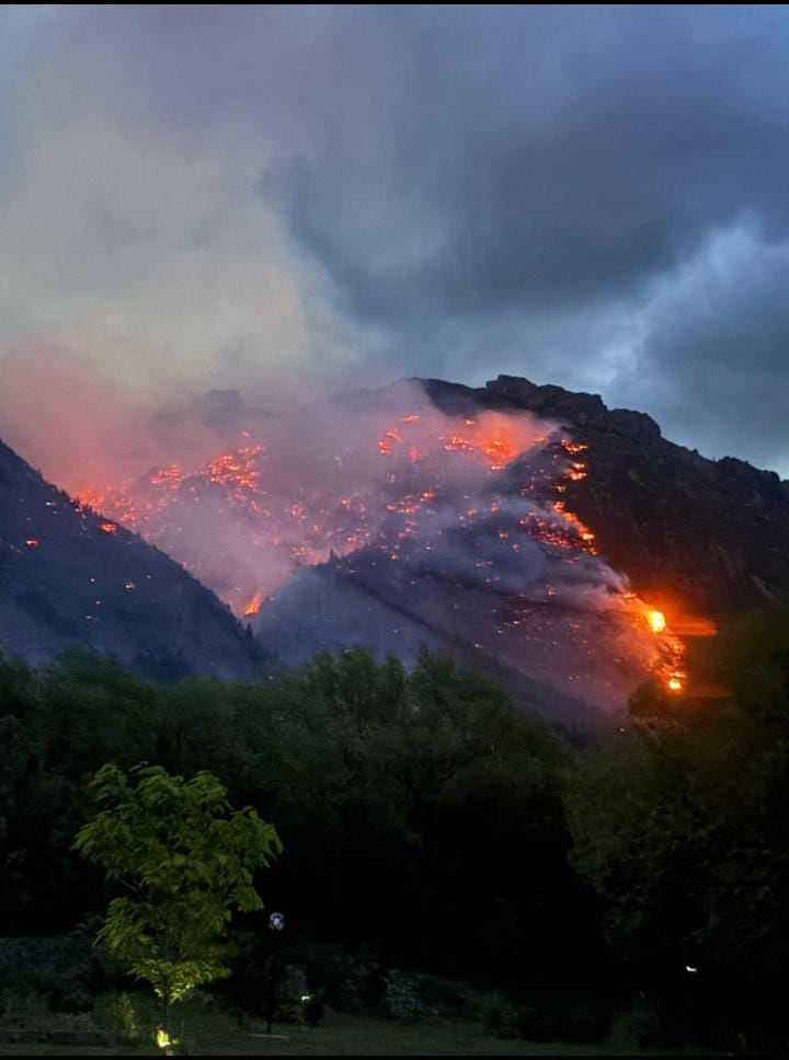 El fuego trepó hacia el filo del cerro Pirque, en Epuyén.