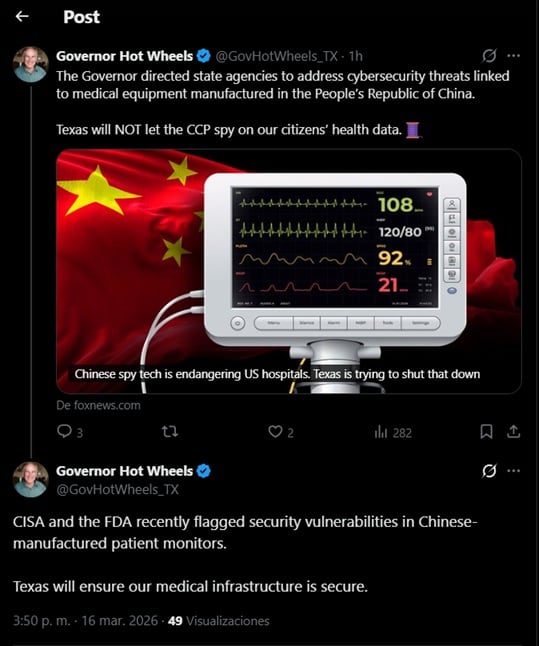 Greg Abbott prohíbe el uso de dispositivos médicos fabricados en China para proteger los datos y evitar el espionaje del PCCh