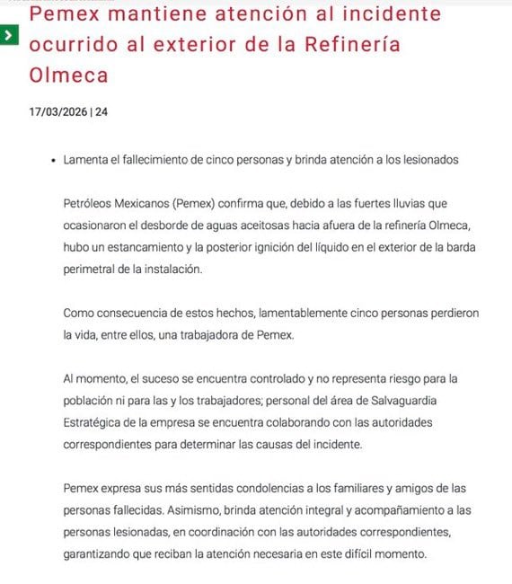 El comunicado de Pemex tras el incendio en la refinería Olmeca