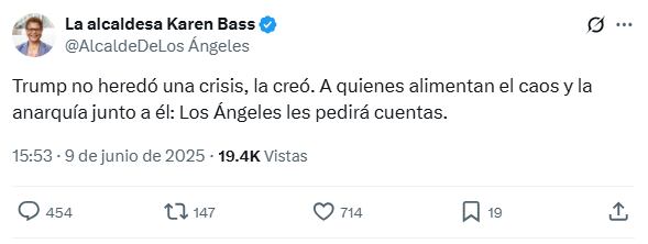 El mensaje de la alcaldesa Karen Bass contra Donald Trump en medio de las manifestaciones
