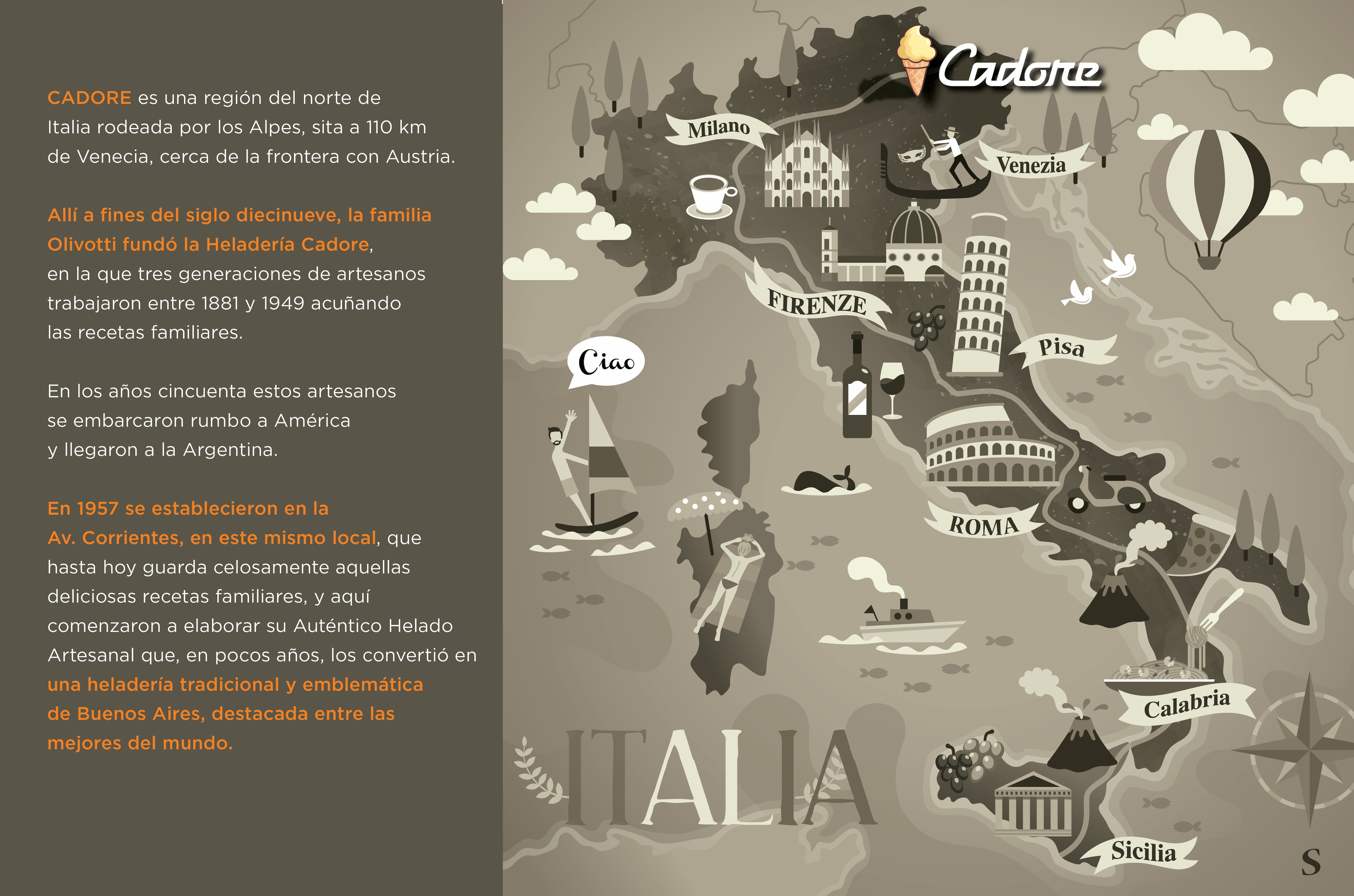 Mapa e historia de Cadore y los Olivotti, en la heladería de la avenida Corrientes