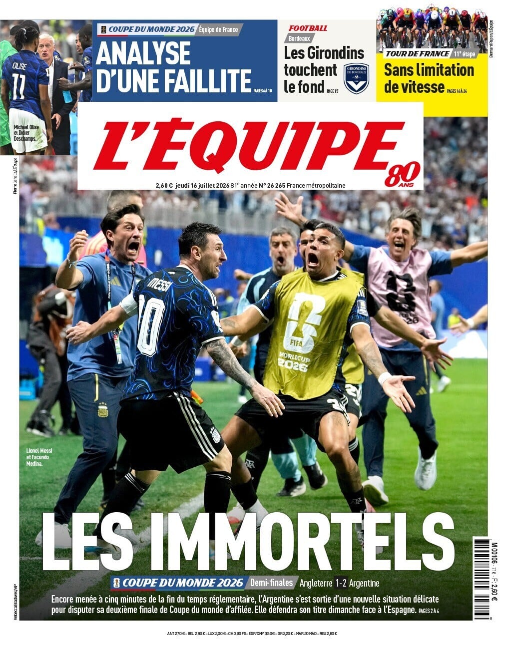 La portada del diario francés L'Equipe tras la victoria argentina sobre Inglaterra