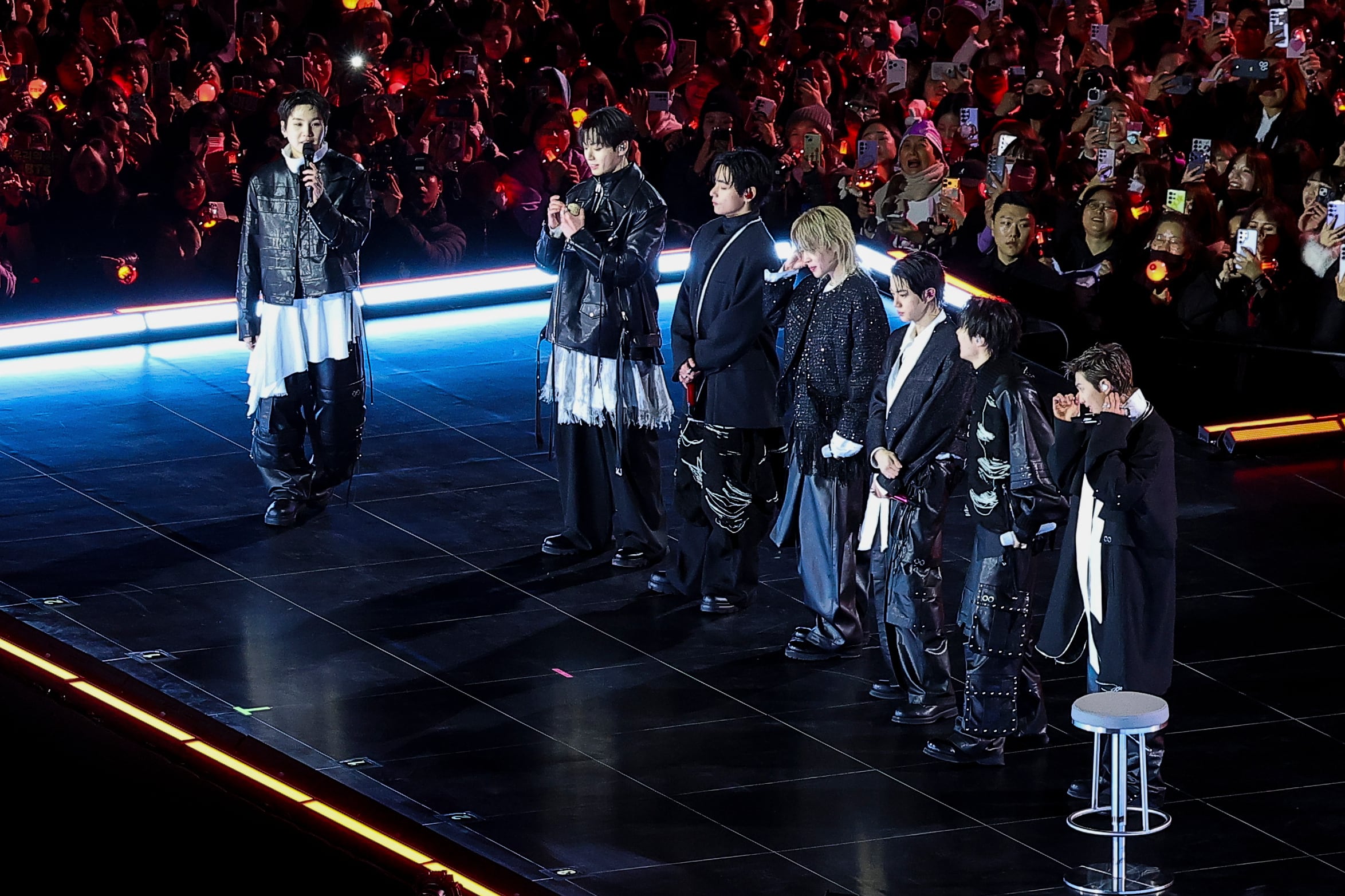El grupo de Kpop BTS en su concierto en Seúl, Surcorea, el 21 de marzo del 2026. (Kim Hong-Ji/Pool Photo via AP)