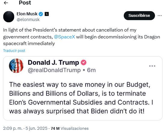 Elon Musk responde a una de las amenazas de Trump con respecto a eliminar sus contratos gubernamentales