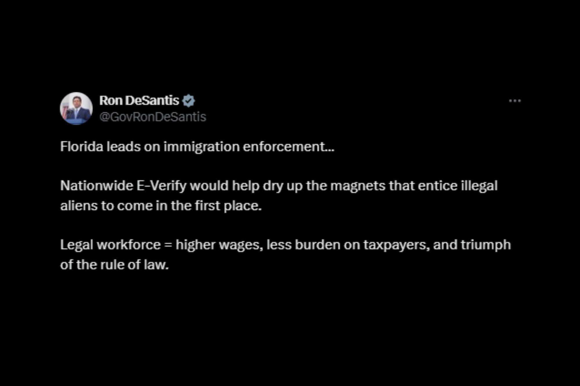DeSantis dio a entender que la obligatoriedad del uso de E-Verify debería expandirse a nivel nacional
