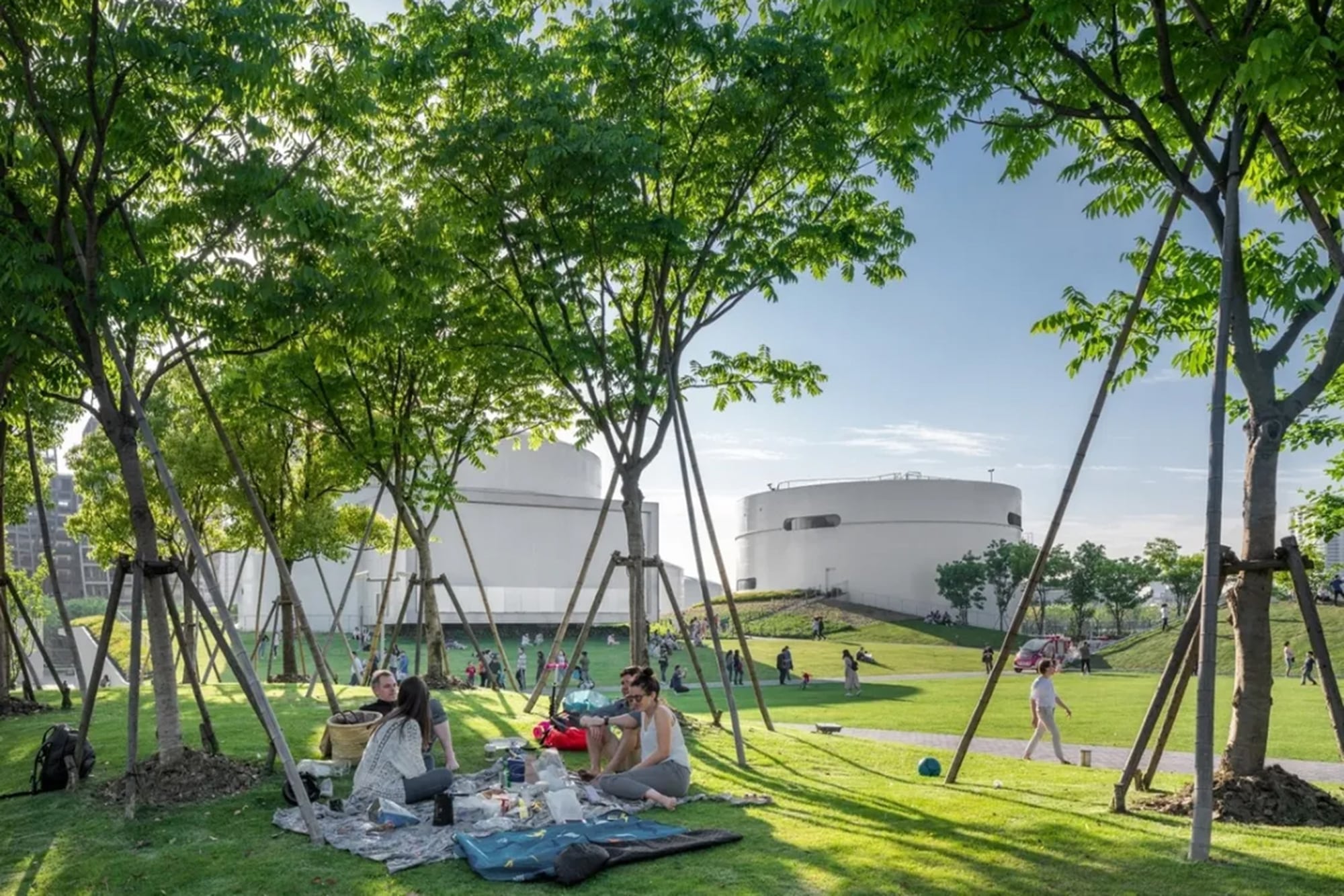 La remodelación paisajística del predio incluye árboles, plantas y sectores de césped