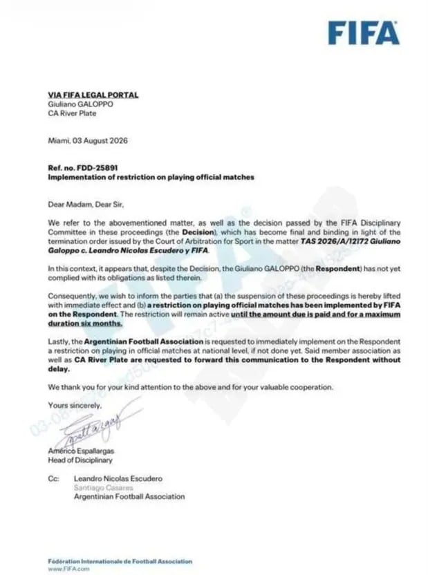 El comunicado de FIFA en el que se informa la suspensión a Giuliano Galoppo