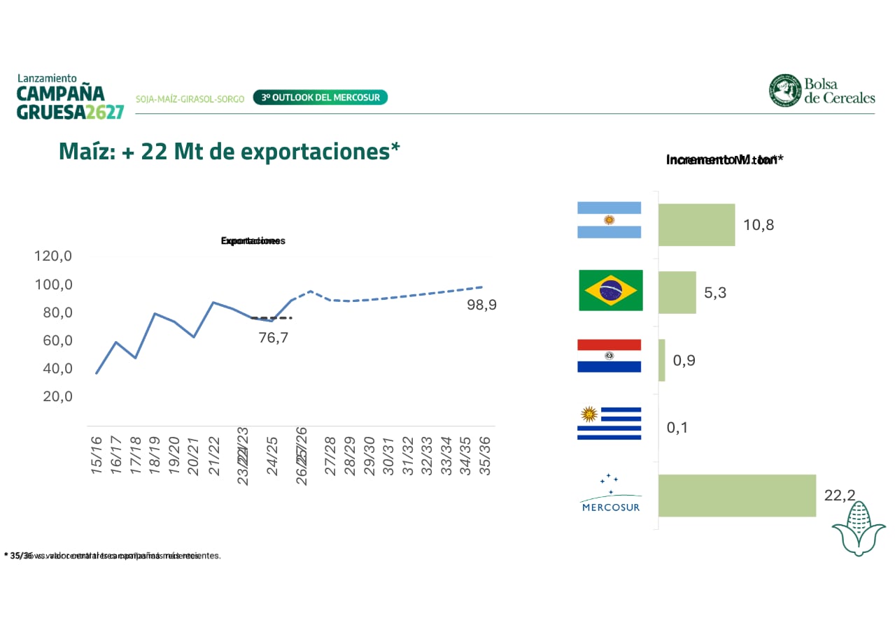 El Mercosur sumaría 22,2 millones de toneladas de exportaciones de maíz; la Argentina aportaría 10,8 millones y Brasil, 5,3 millones