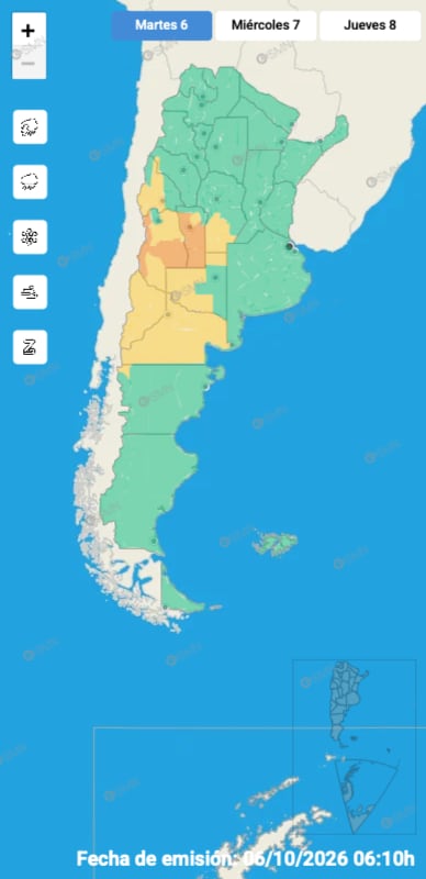El mapa de alertas del SMN para este martes