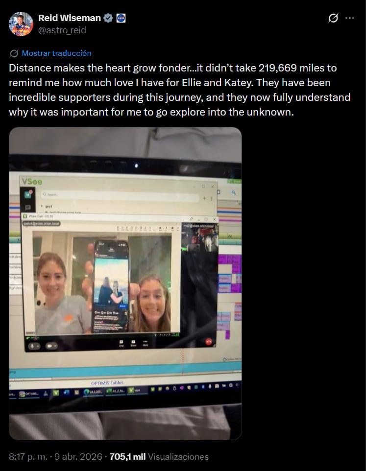 Reid Wiseman hizo la videollamada a mayor distancia de la Tierra: a más de 350.000 km pudo hablar y ver a sus hijas desde la cápsula Orion de la Artemis II