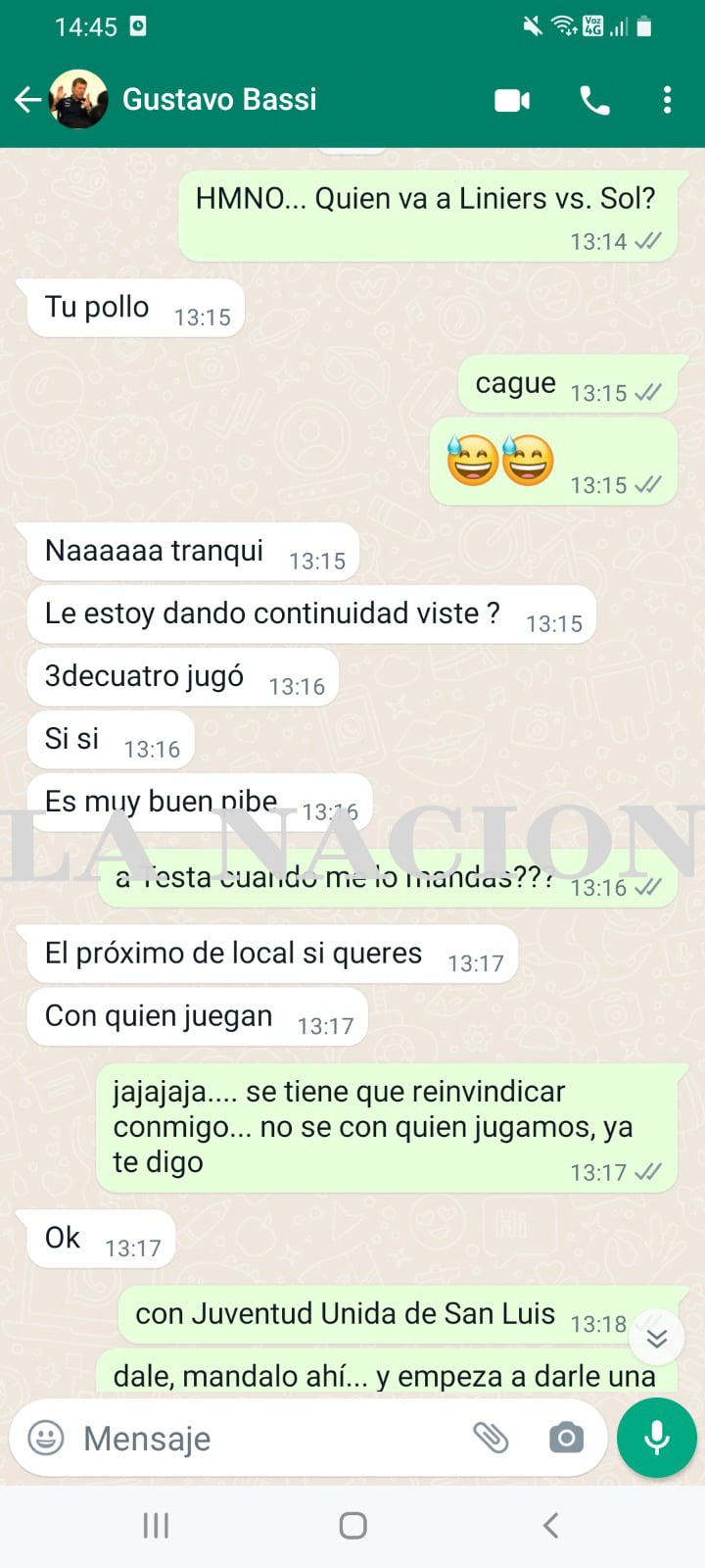 Una conversación entre Juan Pablo Beacon y Gustavo Bassi a las que tuvo acceso LA NACION