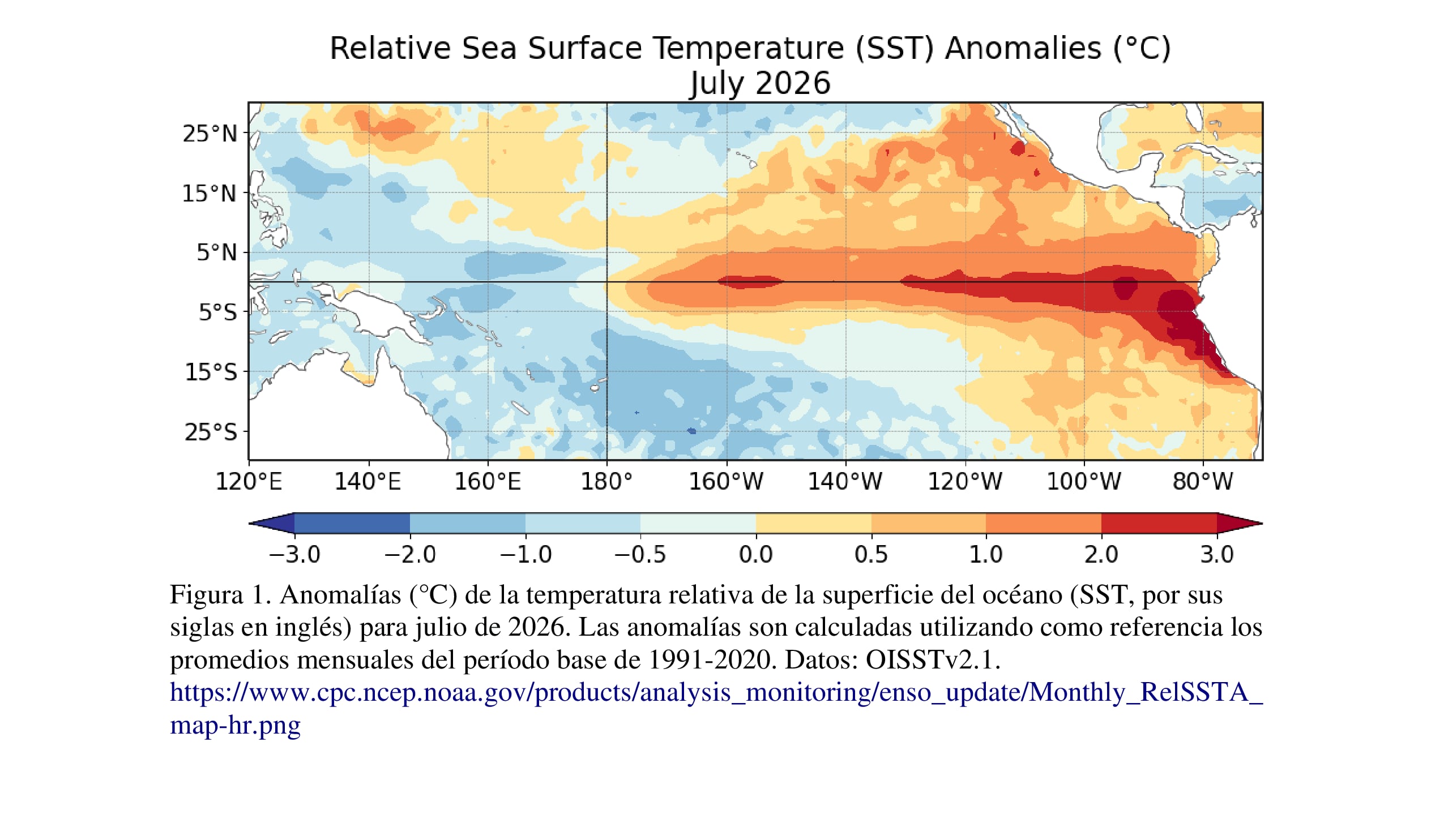Anomalias de la temperatura relativa de la superficie del océano durante julio