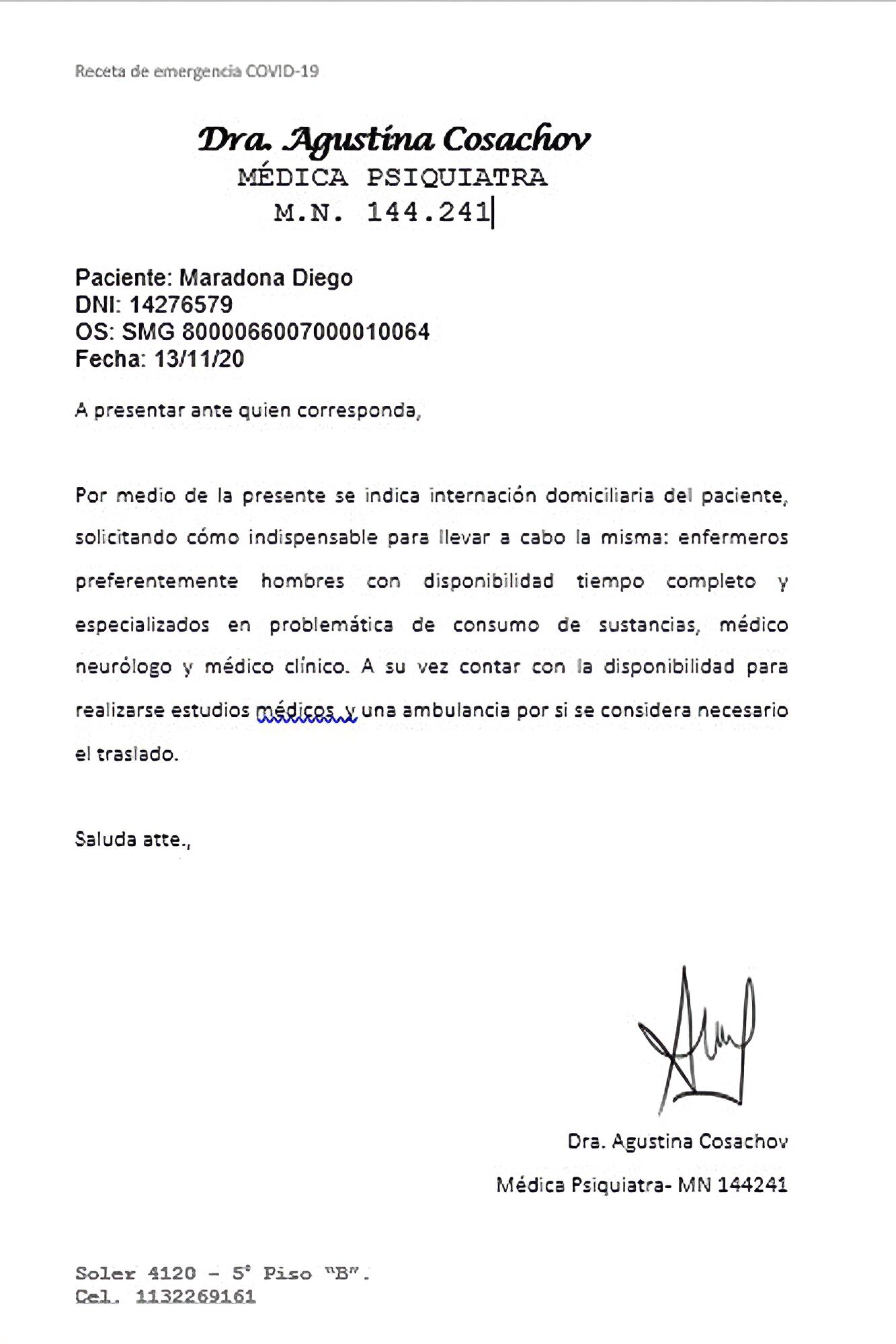 el documento presentado por la psiquiatra Agustina Cosachov