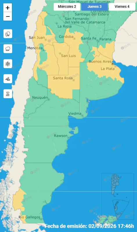 Las alertas emitidas por el SMN para este jueves 3 de septiembre