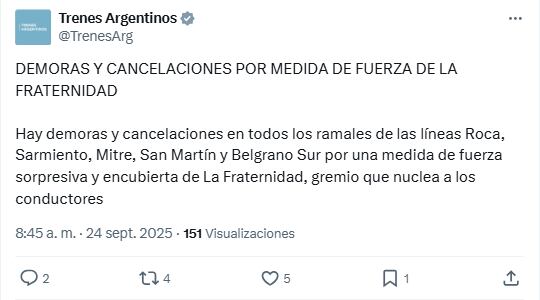 El comunicado de Trenes Argentinos por la medida de fuerza de La Fraternidad de este miércoles 24 de septiembre