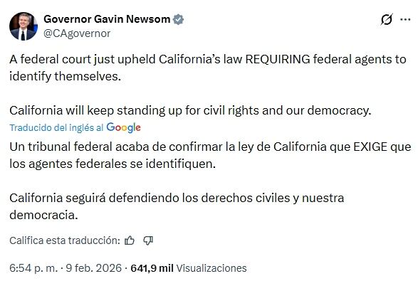 Newsom celebró el fallo de la jueza en California que permite al estado exigir a los agentes federales identificarse