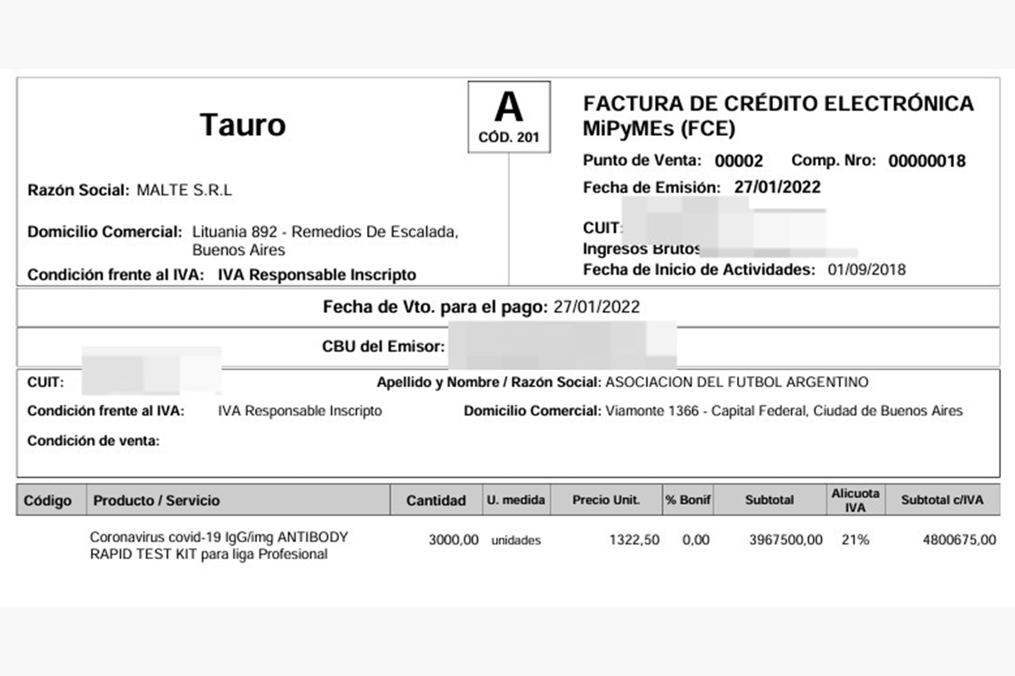 La facturación de una empresa ligada a la cúpula de la AFA que prestó los servicios por los test de coronavirus