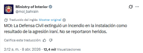 El ministreio del Interior de Bahréin informó un incendio causado por un ataque iraní