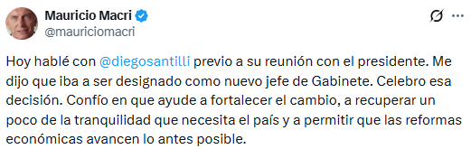 Mauricio Macri publicó un texto para celebrar la designación de Santilli