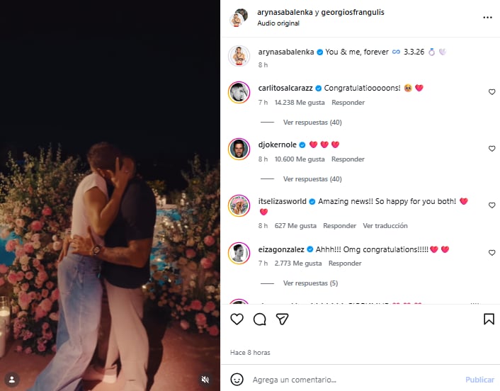 La tenista anunció su compromiso y Carlos Alcaraz y Novak Djokovic no tardaron en felicitarla (Foto: Instagram @arynasabalenka)