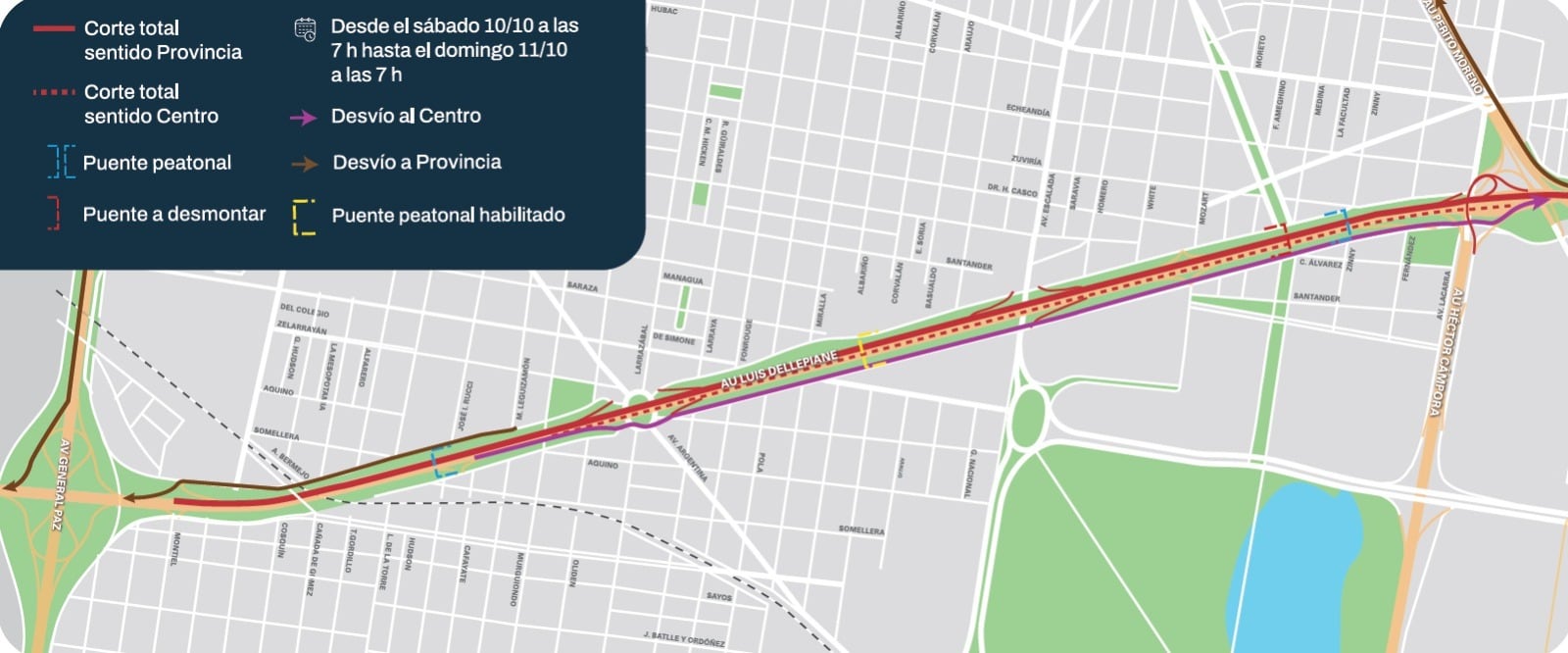 El mapa muestra los cortes y desvíos previstos en la autopista Dellepiane durante el fin de semana, cuando se realizará el montaje de una nueva pasarela peatonal sobre la calle Zinny