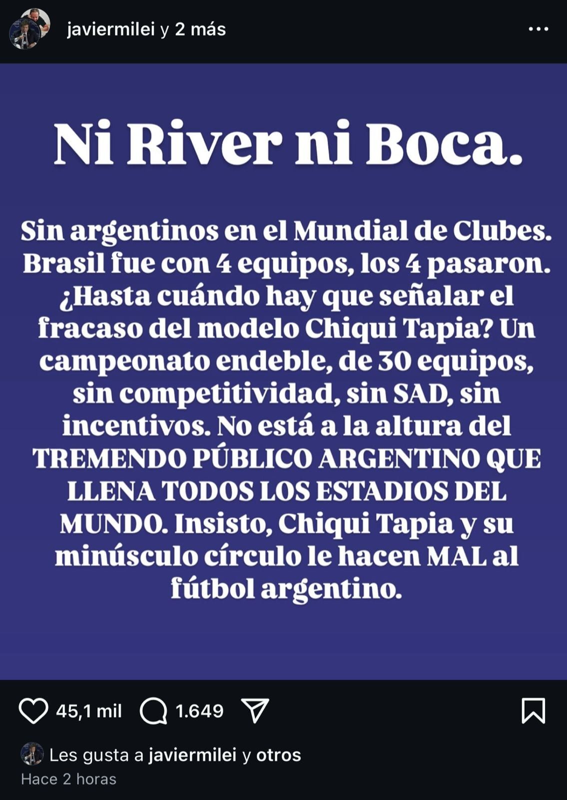 El posteo de Javier Milei en Instagram