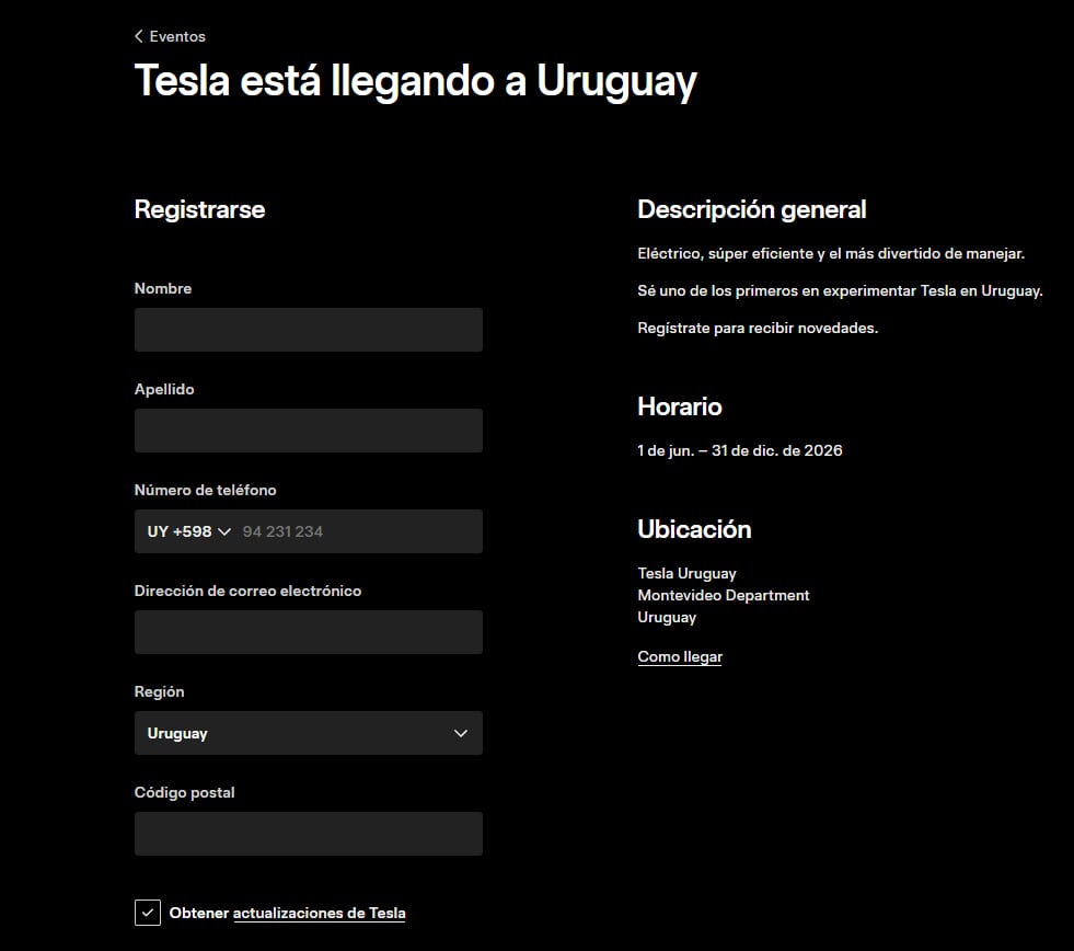Tesla confirmó su llegada a Uruguay e invita a los interesados a registrarse para recibir novedades