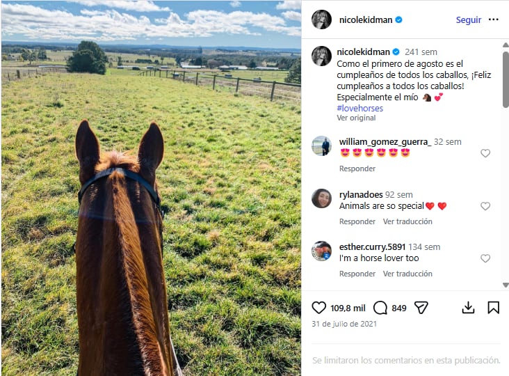 Nicole Kidman disfrutando de una tarde de campo junto a su caballo