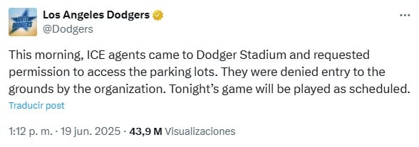 Comunicado de Los Angeles Dodgers sobre los agentes de ICE. Foto: X