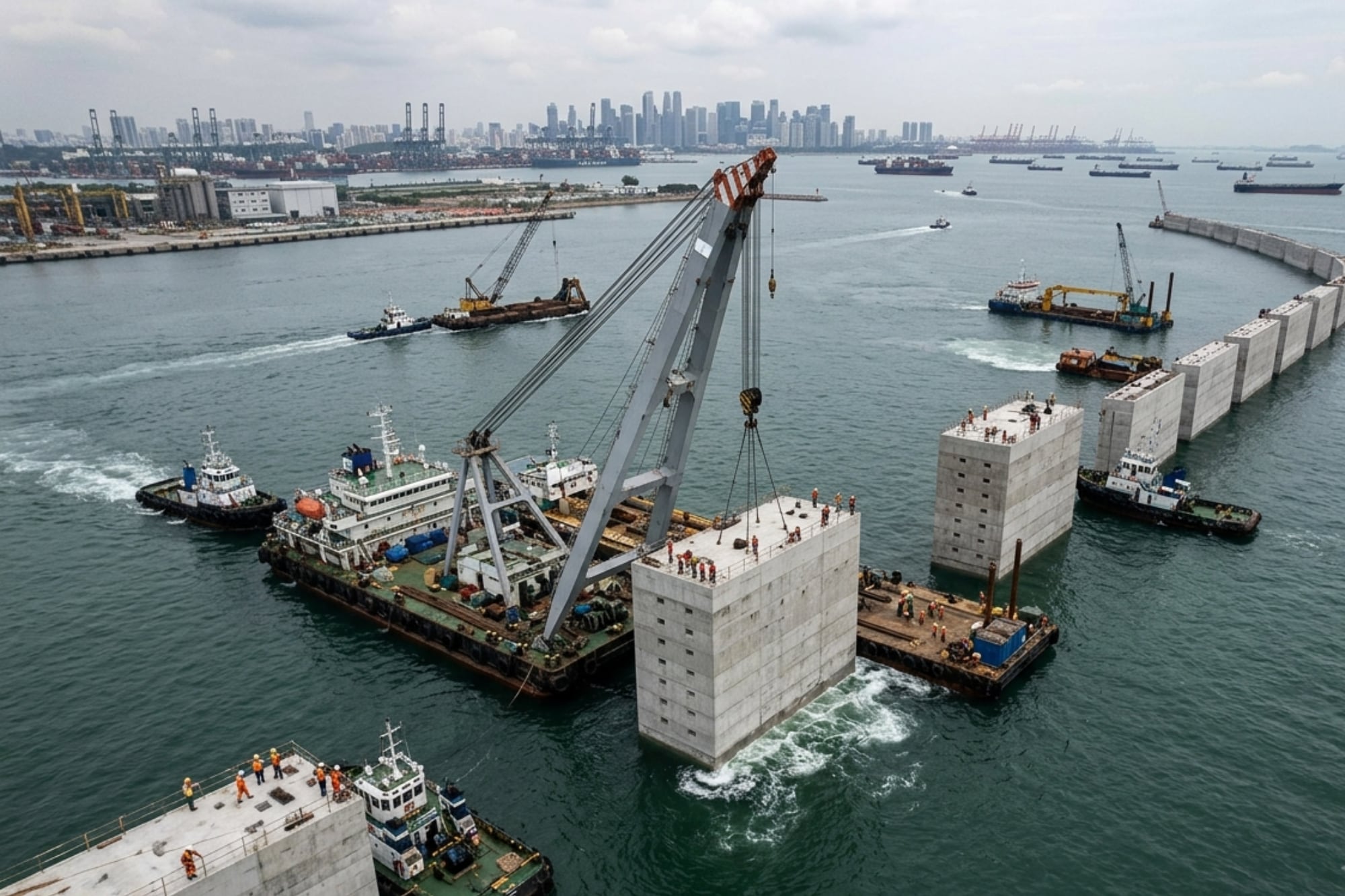 Comenzó la construcción de la megamuralla submarina para crear el puerto automatizado más grande del mundo