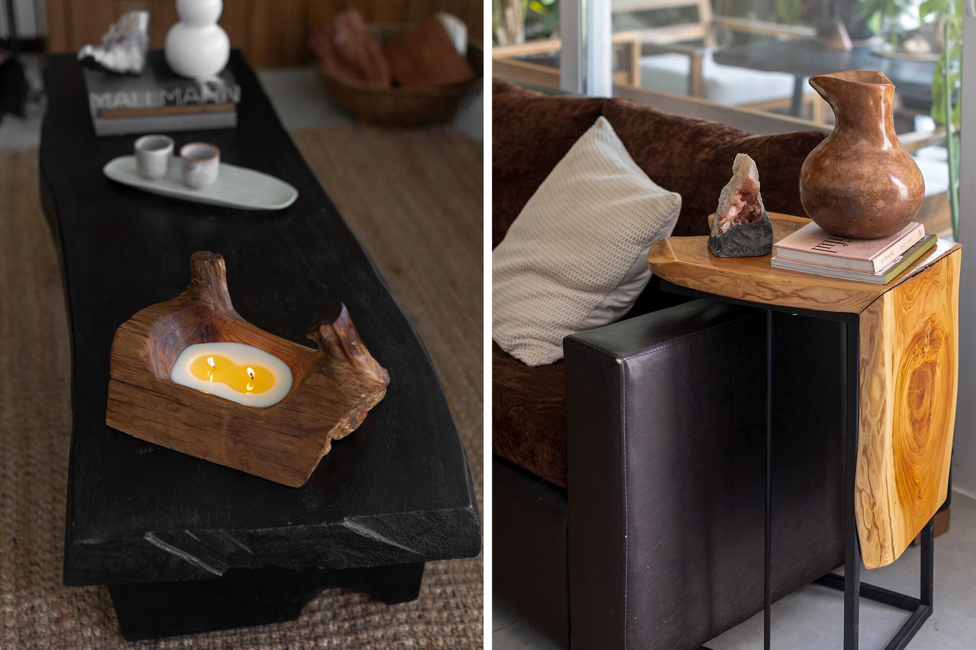 Las velas son de Artisan y están talladas a mano con maderas recuperadas de la selva misionera y aromas inspirados en ese ambiente.