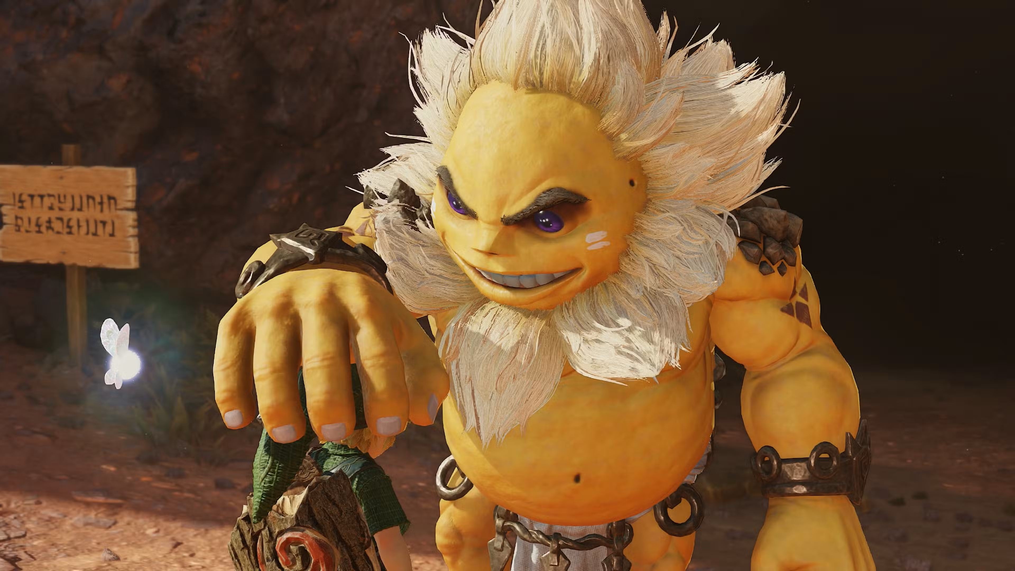 Una captura de Ocarina of Time de una interacción entre Link y Darunia, patriarca de la especie goron