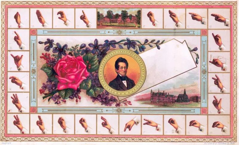 Ilustración del Colegio Nacional de Sordomudos de Estados Unidos de un alfabeto de señas en esta gran tarjeta litográfica emitida en Washington, DC, alrededor de 1875