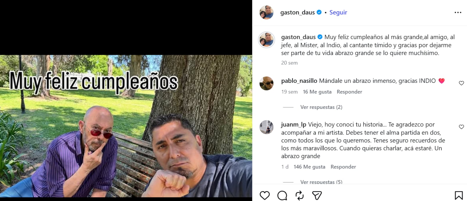 En el último cumpleaños del Indio Solari, Gastón le dedicó estas palabras y subió una foto junto a él en un parque