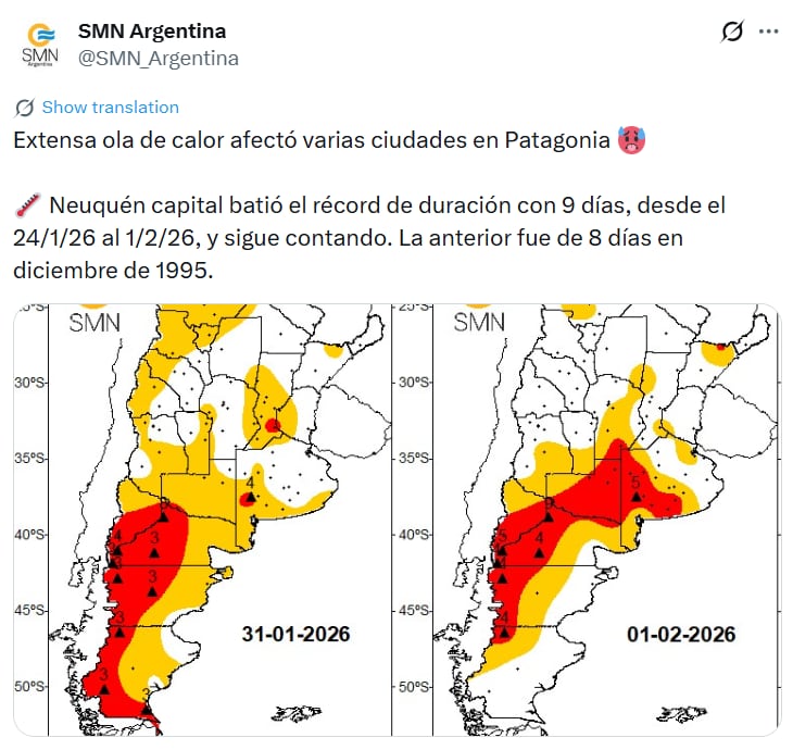 Los mapas del organismo oficial muestran la extensión de la masa de aire cálido sobre la Patagonia y el centro del país (X:@SMN_Argentina)