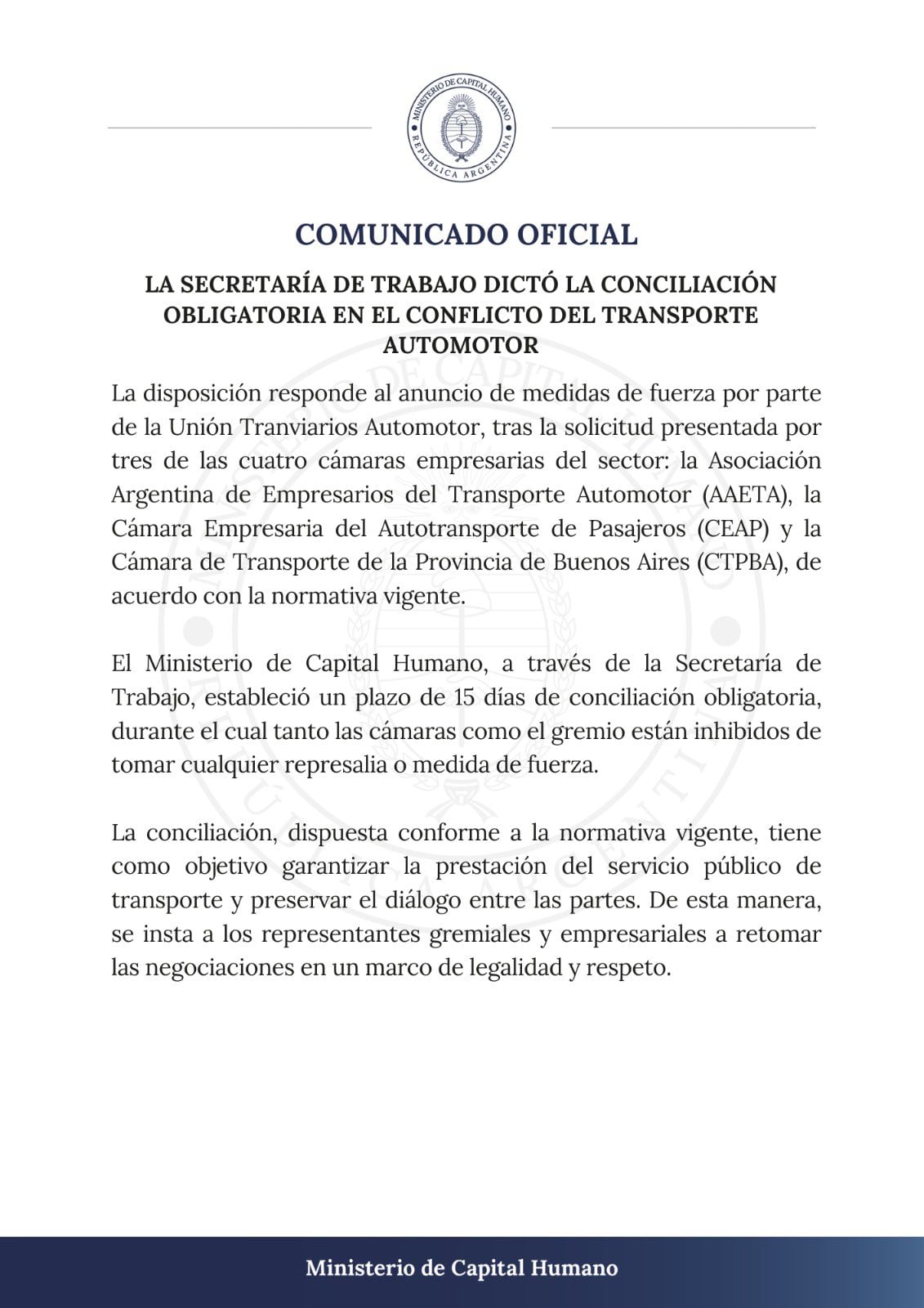 La Secretaría de Trabajo dictó la conciliación obligatoria en el conflicto del transporte automotor