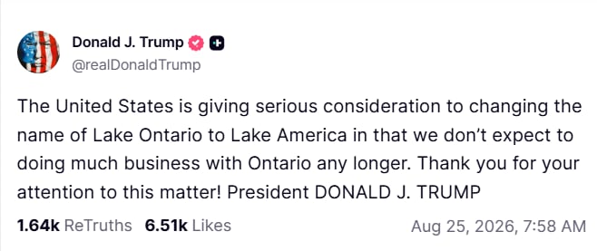 Trump anunció que evalúa cambiarle el nombre al Lago Ontario