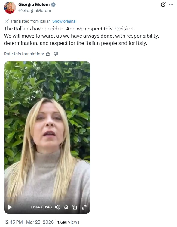 Giorgia Meloni reconoció la derrota en X
