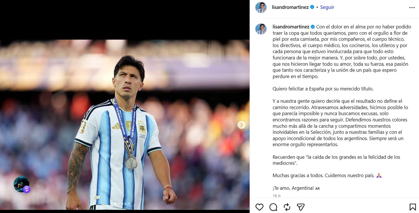 “La caída de los grandes es la felicidad de los mediocres”: el comunicado completo de Lisandro Martínez tras perder la final del Mundial 4 El comunicado de Lisandro Martínez