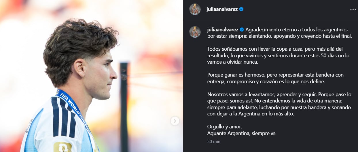 El mensaje de Julián Álvarez a un día de la derrota de la selección