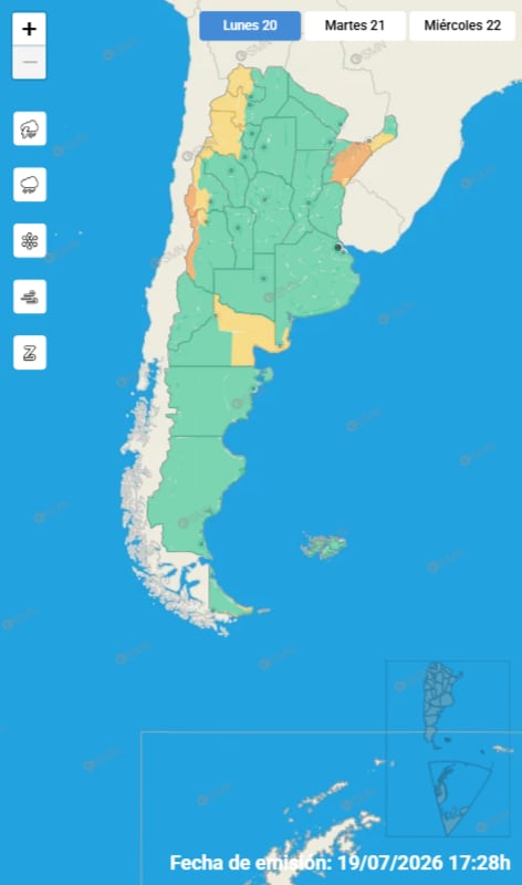 Las alertas emitidas por el SMN para este lunes 20 de julio