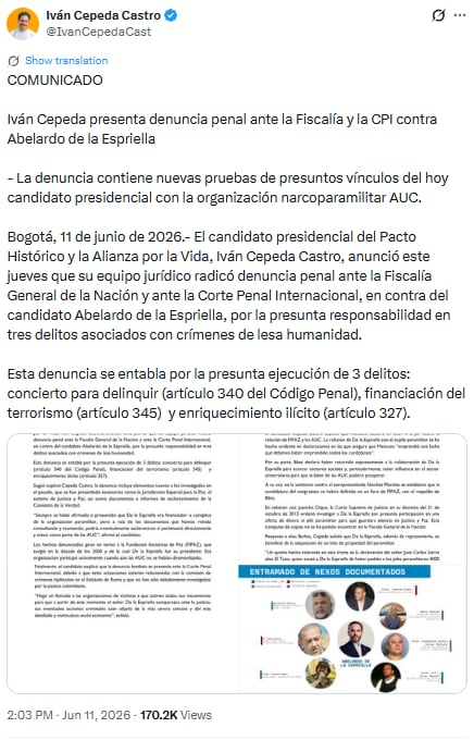 Ivan Cepeda denunció a Abelardo de la Espriella por los delitos de concierto para delinquir, financiación del terrorismo y enriquecimiento ilícito