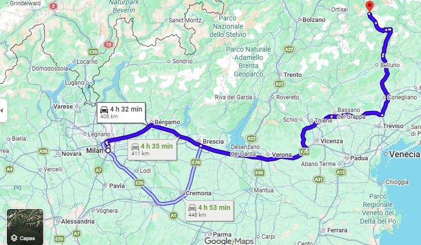 La distancia entre Milán y Cortina d'Ampezzo, las dos ciudades sede de los Juegos Olímpicos de Invierno 2026