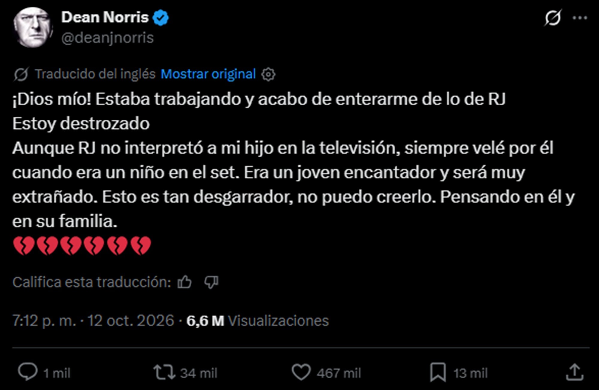 Dean Norris se mostró devastado con la noticia de RJ Mitte