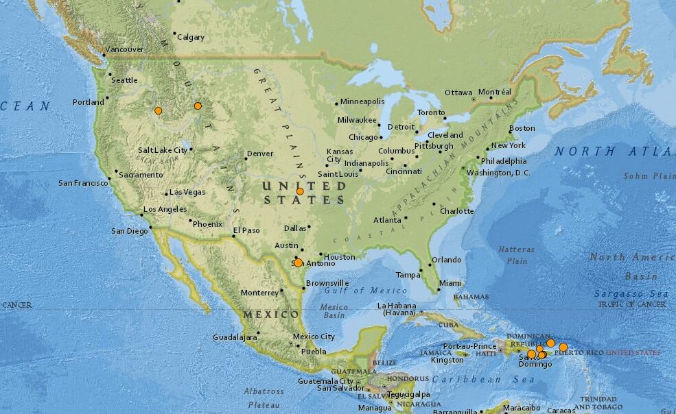 Mapa de los sismos ocurridos en Estados Unidos y el Caribe en las últimas 24 horas