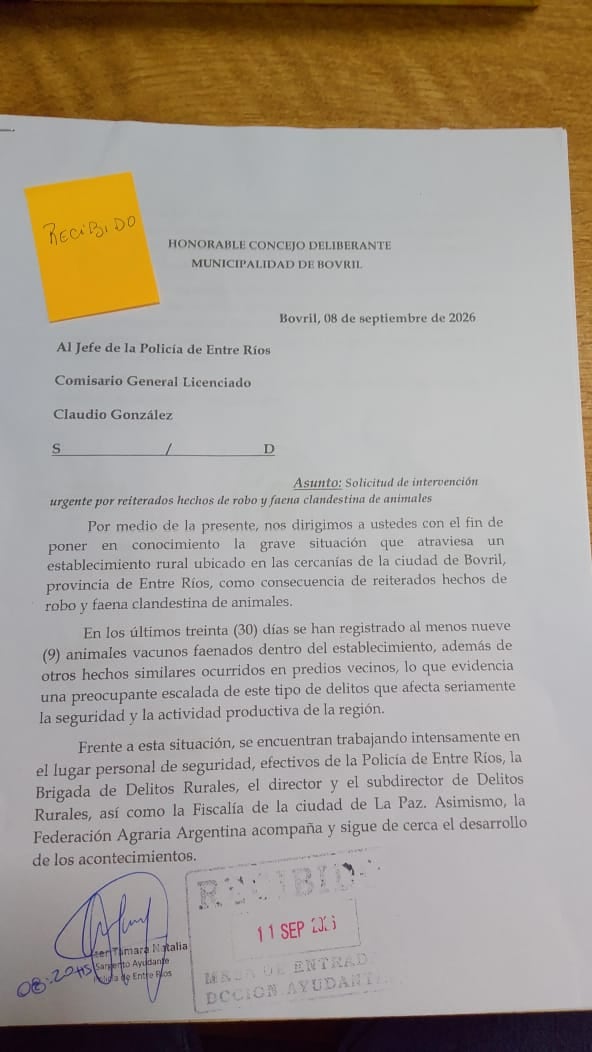 El Concejo Deliberante de Bovril pidió una “intervención urgente” ante los reiterados robos y faenas clandestinas de hacienda en la zona