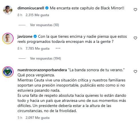 Sánchez compartió una lista de sus canciones favoritas en medio de la crisis migratoria y le llovieron las críticas 6 Algunos de los mensajes que recibió Sánchez en su publicación