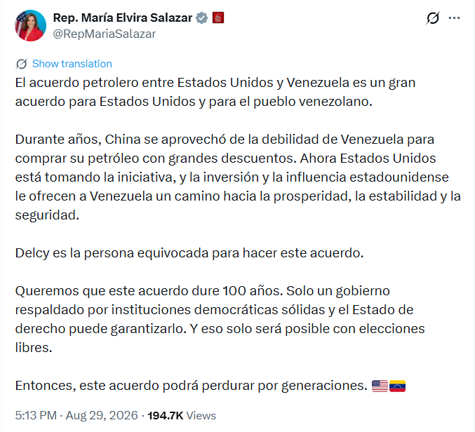María Elvira Salazar prevé que el acuerdo perdure